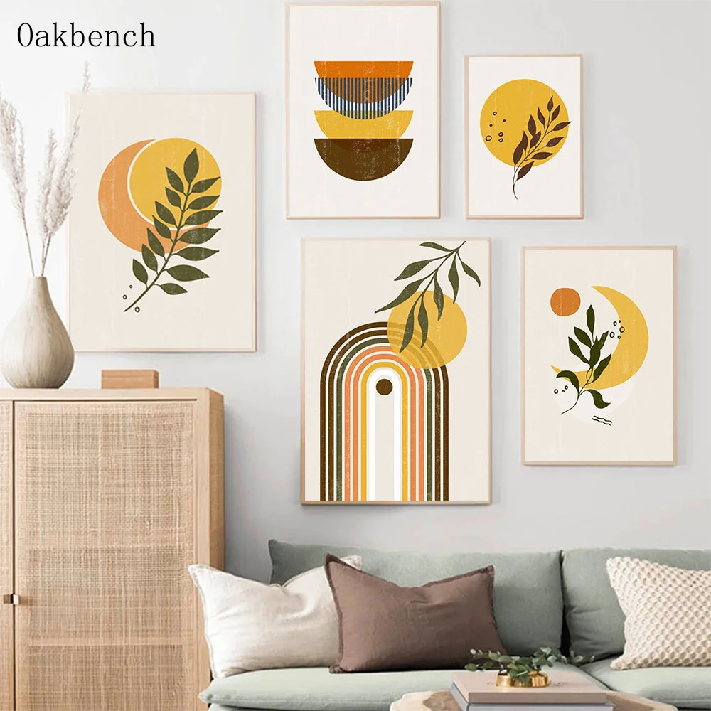 

Boho Poster Abstract Canvas Painting Geometric Line Prints Leaf Moon Painting Nordic Wall Art Picture For Living Room Decoration