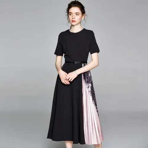 

Summer Vintage Elegant Black Long Midi Office Lady Work Dress Short Sleeve Women Print Pleated Patchwork Ladies Dress Plus Size