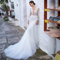 lhuilier sexy v neck lace mermaid wedding dresses 2021 long sleeves illusion backless floor length bridal dress court train
