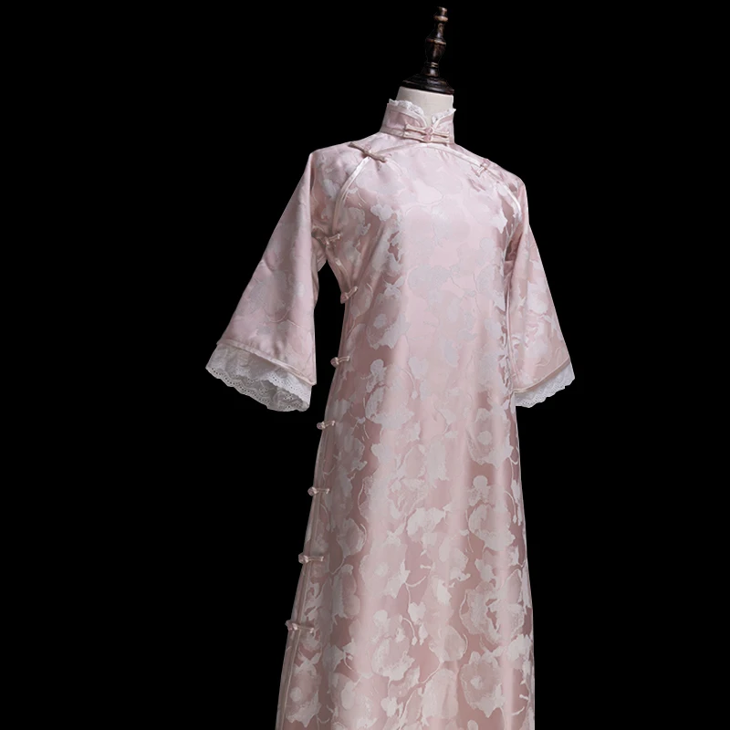 

Big light smoke rose powder abstract jacquard long miss big sleeve cardigan huai girl jade spring cheongsam