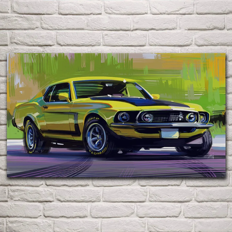 

art mustang 1969 muscle yellow cars artwork boss 302 fabric posters on the wall picture home living room decoration KM939
