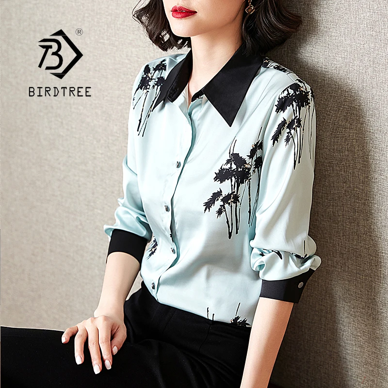 

Loose Satin Shirts For Women Printing Female Color Block Blouses Tops 2021 Spring Autumn Imitation Silk T11901X