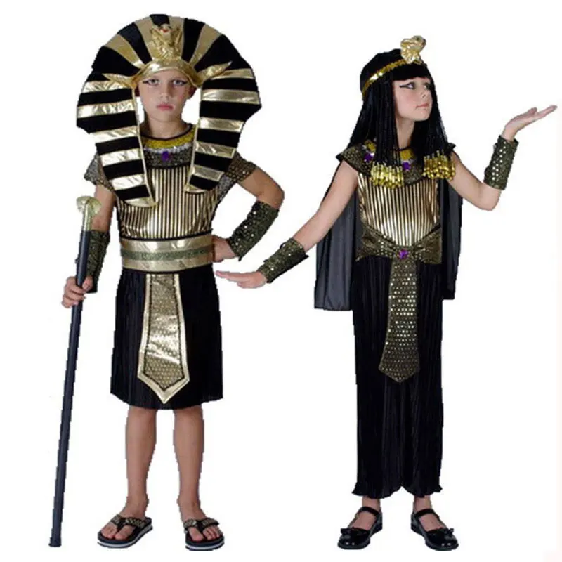 Child Kids Black Gold Egypt Egyptian Pharaoh Prince Costume Boys Girls Cleopatra Princess Costumes Halloween Party Fancy Dress