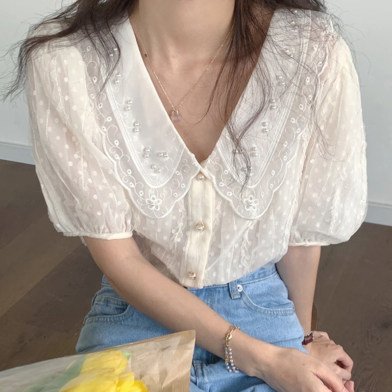 

QOERLIN Pearl Embossed Pleated Puff Sleeve Top Blouse Female 2021 Summer French Embroidered Doll Collar Short Sleeve Shirt Women