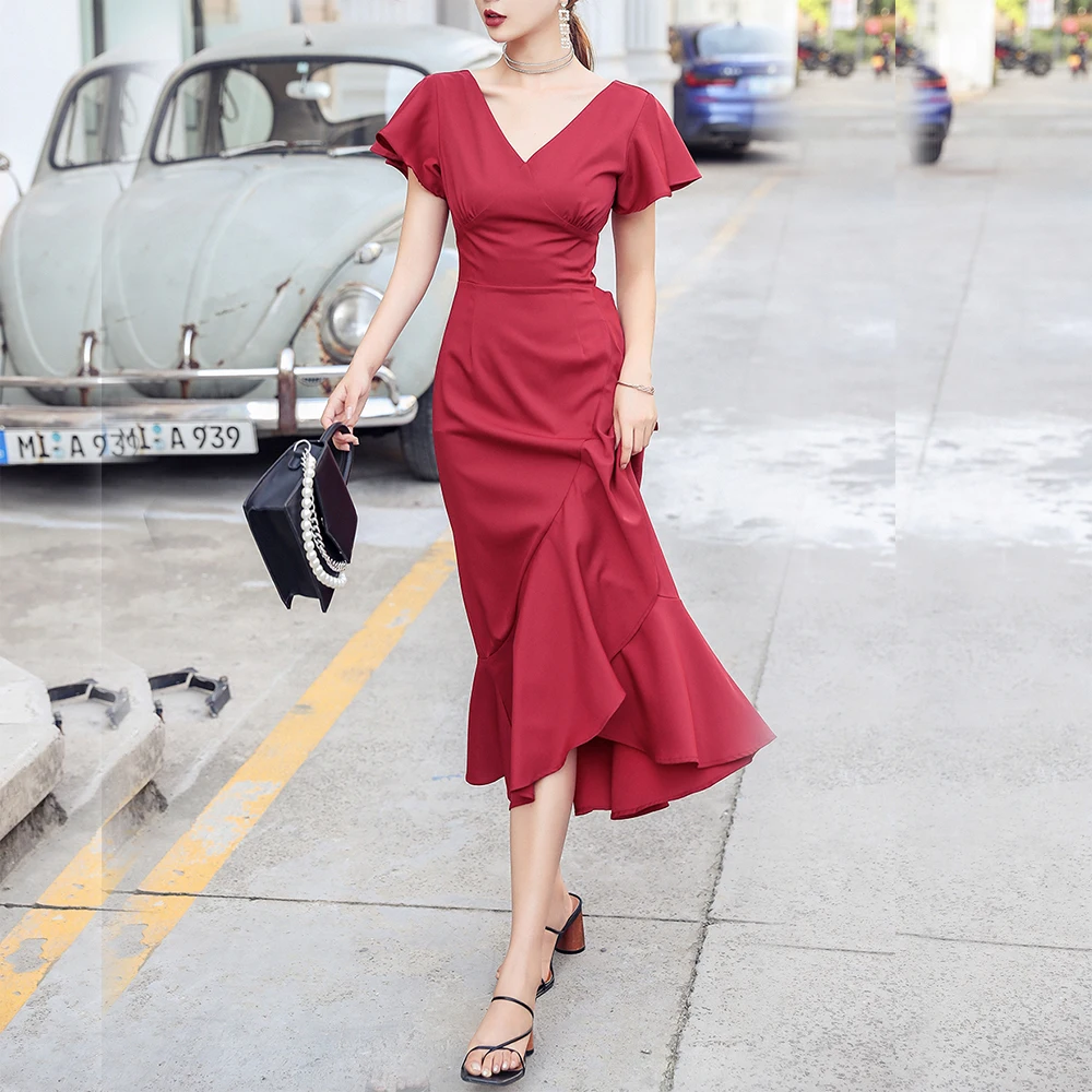 Женское платье с открытой спиной FORYUNSHES длинное офисное v образным вырезом и