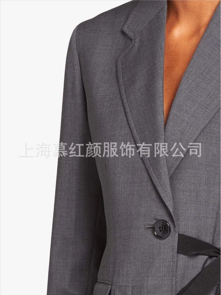 

DEAT turn-down collar full sleeves bow stringe double pocket pleated gray color high waist long windbreaker female WO61102