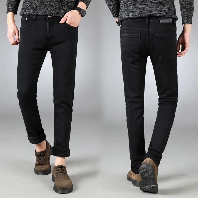

Winter New Slim Straight Pure Black Plus Velvet High Elastic Jeans Fashionable Men's High Waist Trousers