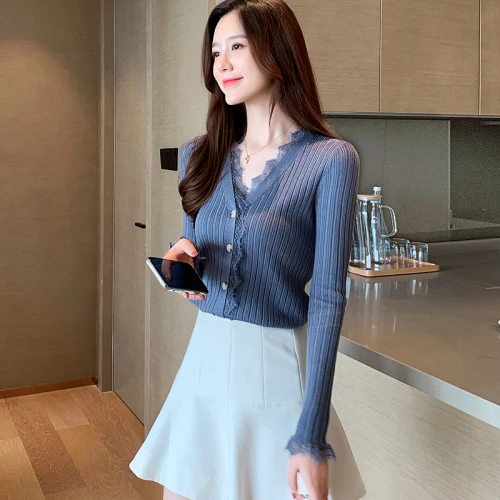 

Spring Autumn V-neck Lace Slim Sexy Single-Breasted Solid Woolen Knitted Women Lady Female Cardigan Sweater