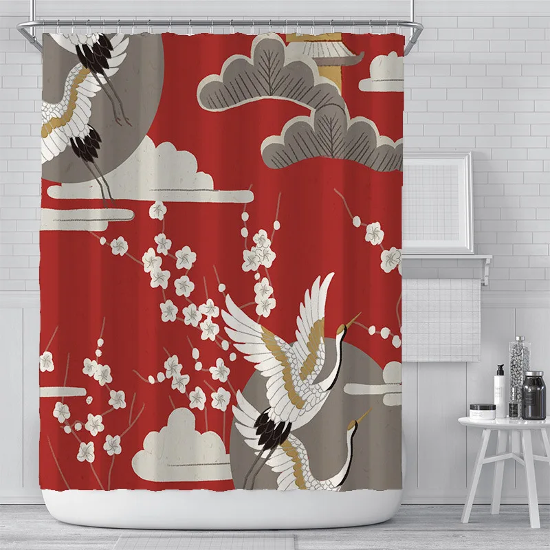 

Chinese style red-crowned crane printing bathroom shower curtain polyester waterproof mildewproof bathroom decorative curtain