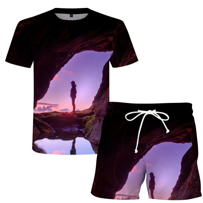 

Fashion men's casual suit men's sports running style short sleeve two piece thin top T-shirt + Shorts Large