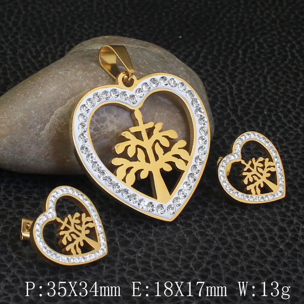 Подвески и серьги из нержавеющей стали золотого цвета в форме сердца дерева