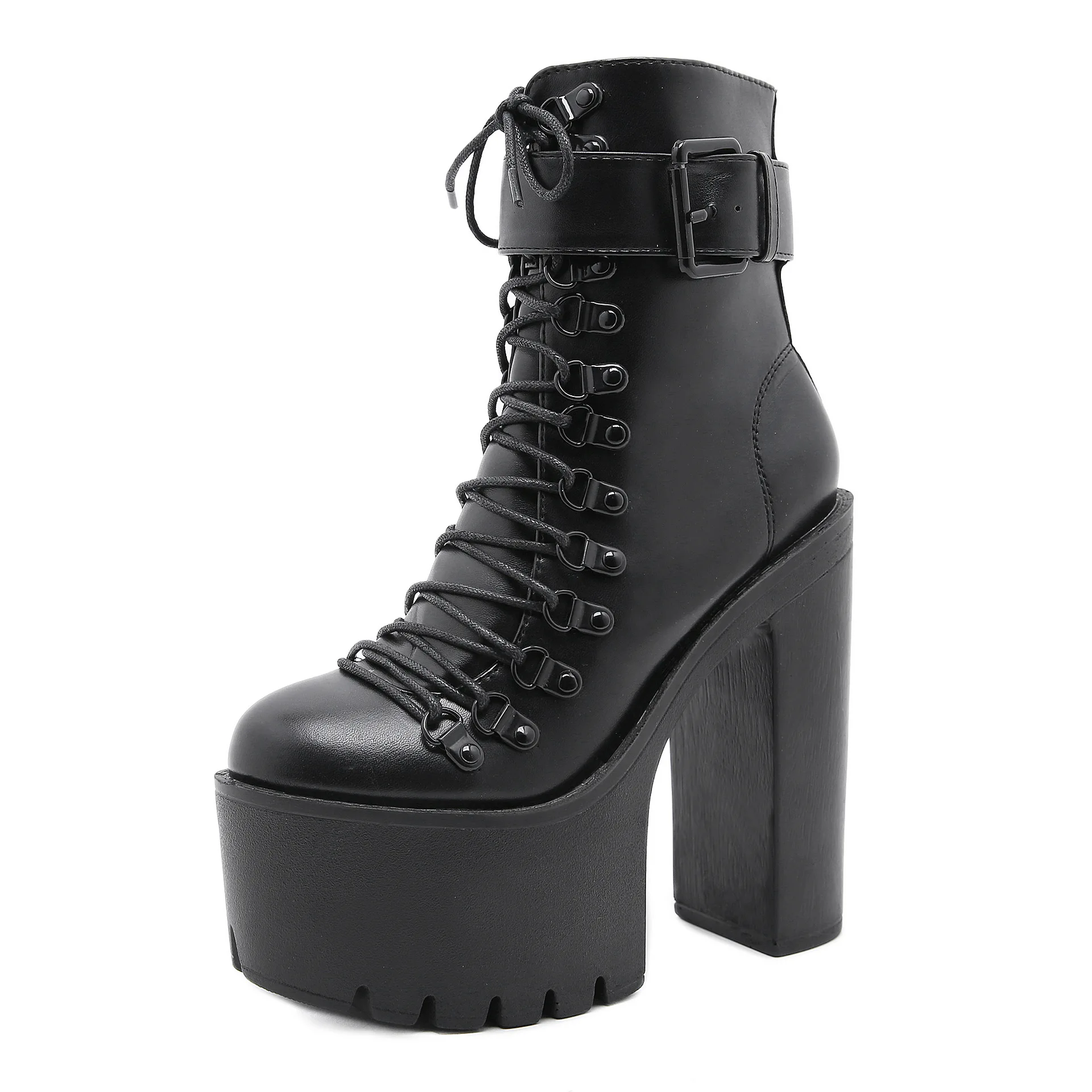 

NiceNice Motorcycle Boots Women Leather Spring Autumn Metal Buckle High Heels Shoes Zipper Black Ankle Boots Woman Lacing