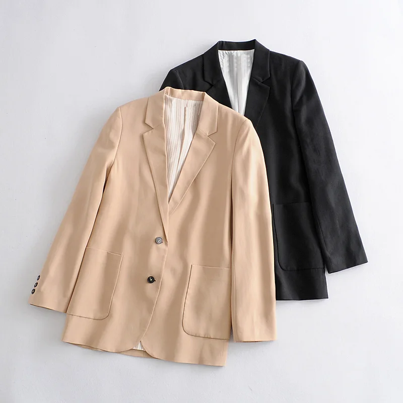 

Autumn and spring women's suit casual solid color Single-breasted pocket decorative suit beige black Blazers and Jackets brand