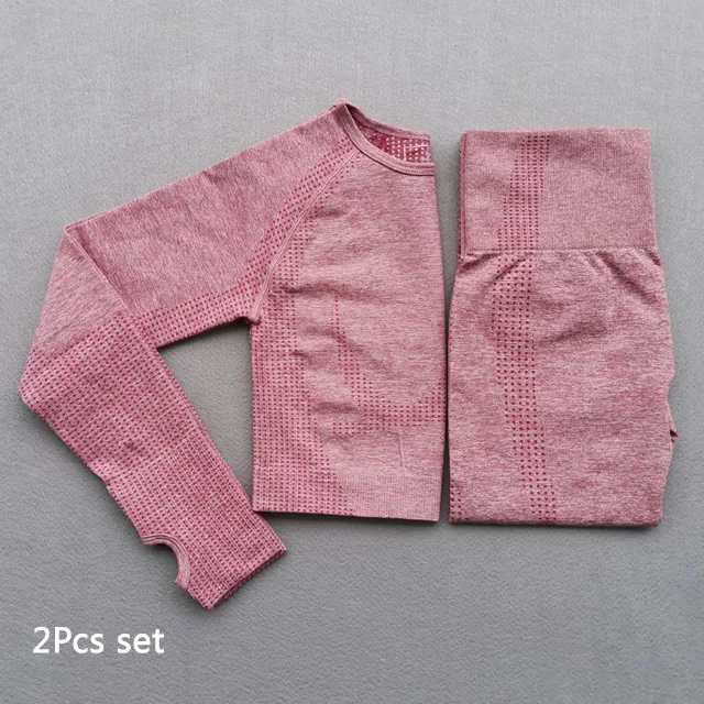Pink 2pcs set Бесшовный костюм для йоги, 2 шт., спортивные футболки, укороченный топ, бесшовные леггинсы, спортивный комплект, одежда для спортзала, фитнес-костюм, комплект для тренировок, Femme - Цвет: Pink 2pcs set