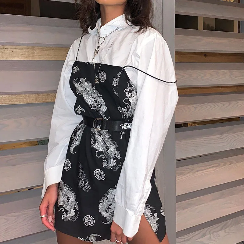 Платье мини с открытой спиной без рукавов принтом дракона|Женские платья| |