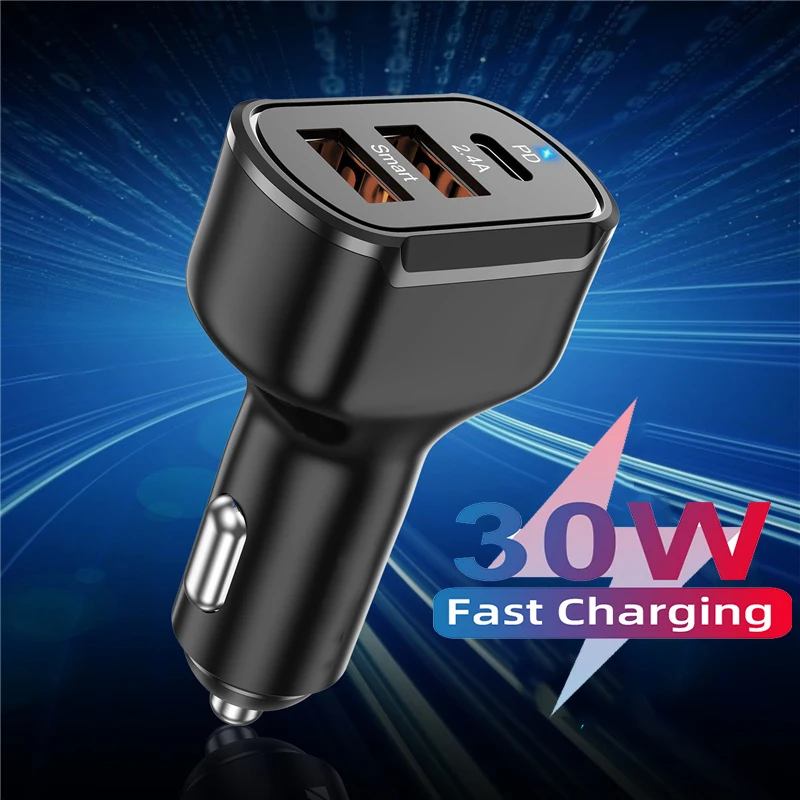

30W PD USB C Car Charger Dual USB Fast Charging Adapter Quick Charge 3.0 Car Cigarette Lighter For iPhone 12 Xiaomi 11 9 Huawei