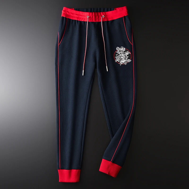 Minglu мужские брюки Роскошные розы Вышивка ребра контрастный цвет Slim Fit размера