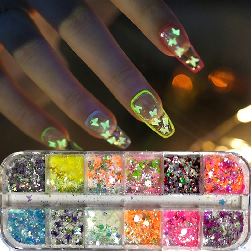 

12 Grid/box Luminous Butterfly Fluorescent Holographic Nail Art Sequins 3D Glitter Colorful Fire Butterfly Design Nail Stickers