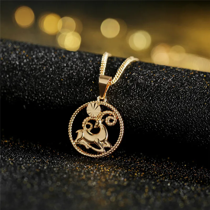 

Gold 12 Constellation Women Necklace Round Pattern Pendant Copper Chain Luxury Ladies Elegant Temperament Fashion Gift Jewelry