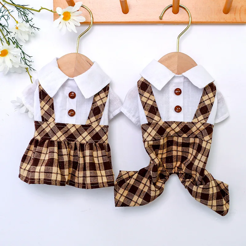 

Student Style Couple Outfit Dog Clothes Coffee Plaid Dog Dress For Teddy Bichon Thin Dog Jumpsuits For Party Wedding Cat Clothes