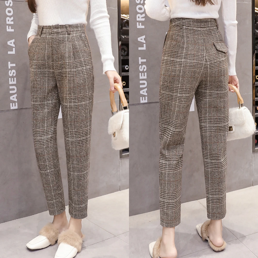 Женские клетчатые шерстяные брюки 2019 осенне-зимняя одежда женские повседневные