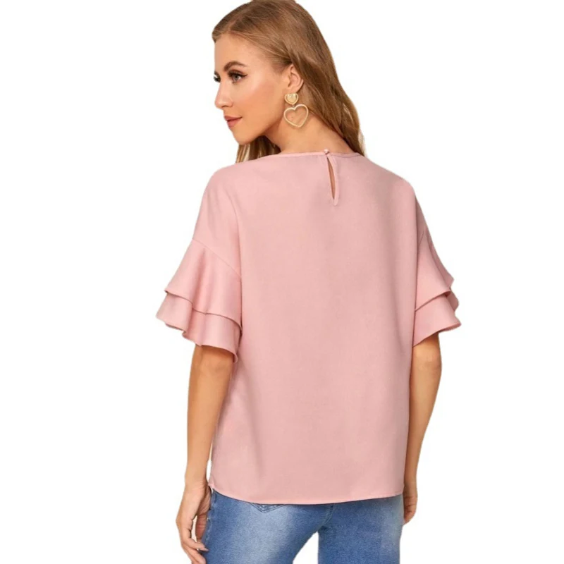 

Half-sleeve T Shirts for Women Gentle Pink Green Spring Autumn Tops Elegant Vintage Female Tees Fashion Office Ladies Clothes