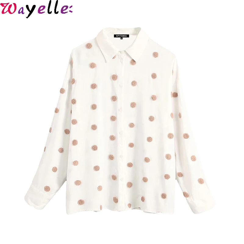 Винтажные женские блузки 2019 стильные вышитые свободные рубашки в горошек