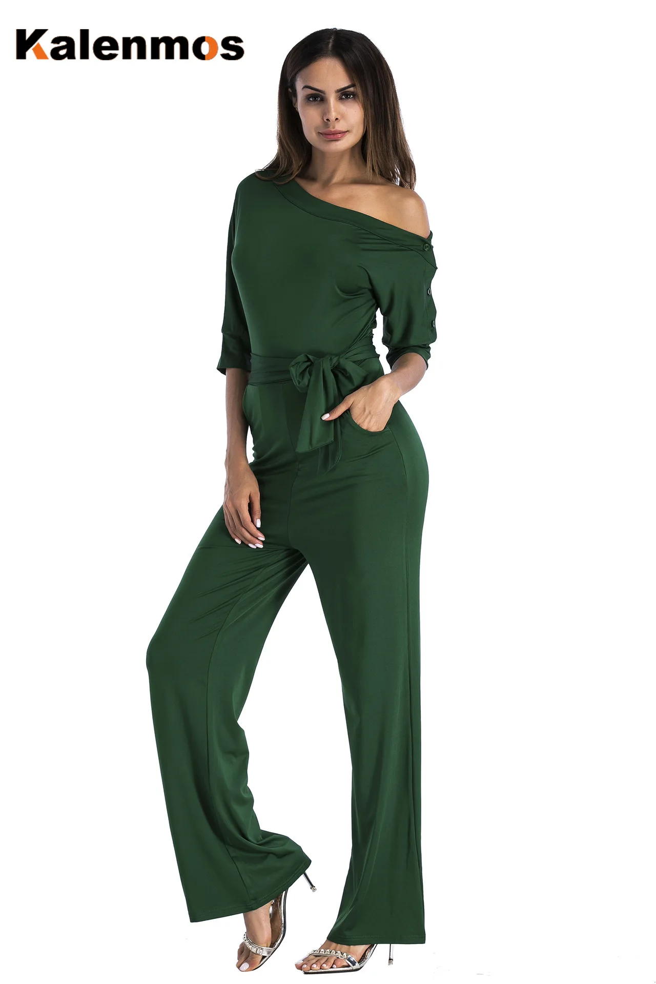 

KALENMOS Jumpsuits for Women 2020 Rompers High Street Party Club Wear Slash Neck Lace-up Jumpsuit Wide Leg Long Trousers Pants