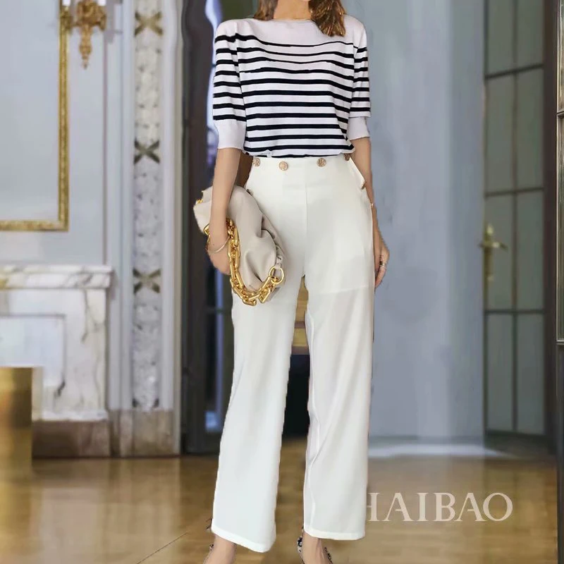 

Victoria Beckham Autumn Vintage Print Striped Sleeved Sweater Elegant Temperament White Cropped Trousers Two-Piece Suit