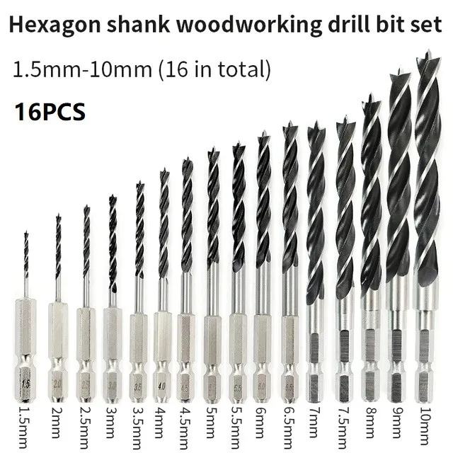 

16PCS Three-point Twist Drill Bit 1.5-10mm Hex Shank Cordless Screwdriver Perforating Support Rotary Head Woodworking Power Tool