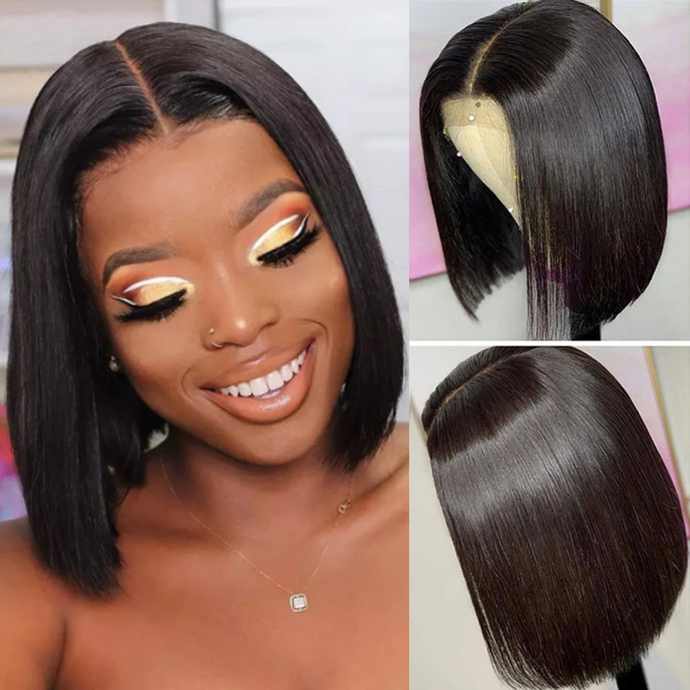 Боб парики из натуральных волос на кружевной T Форма кружева передние