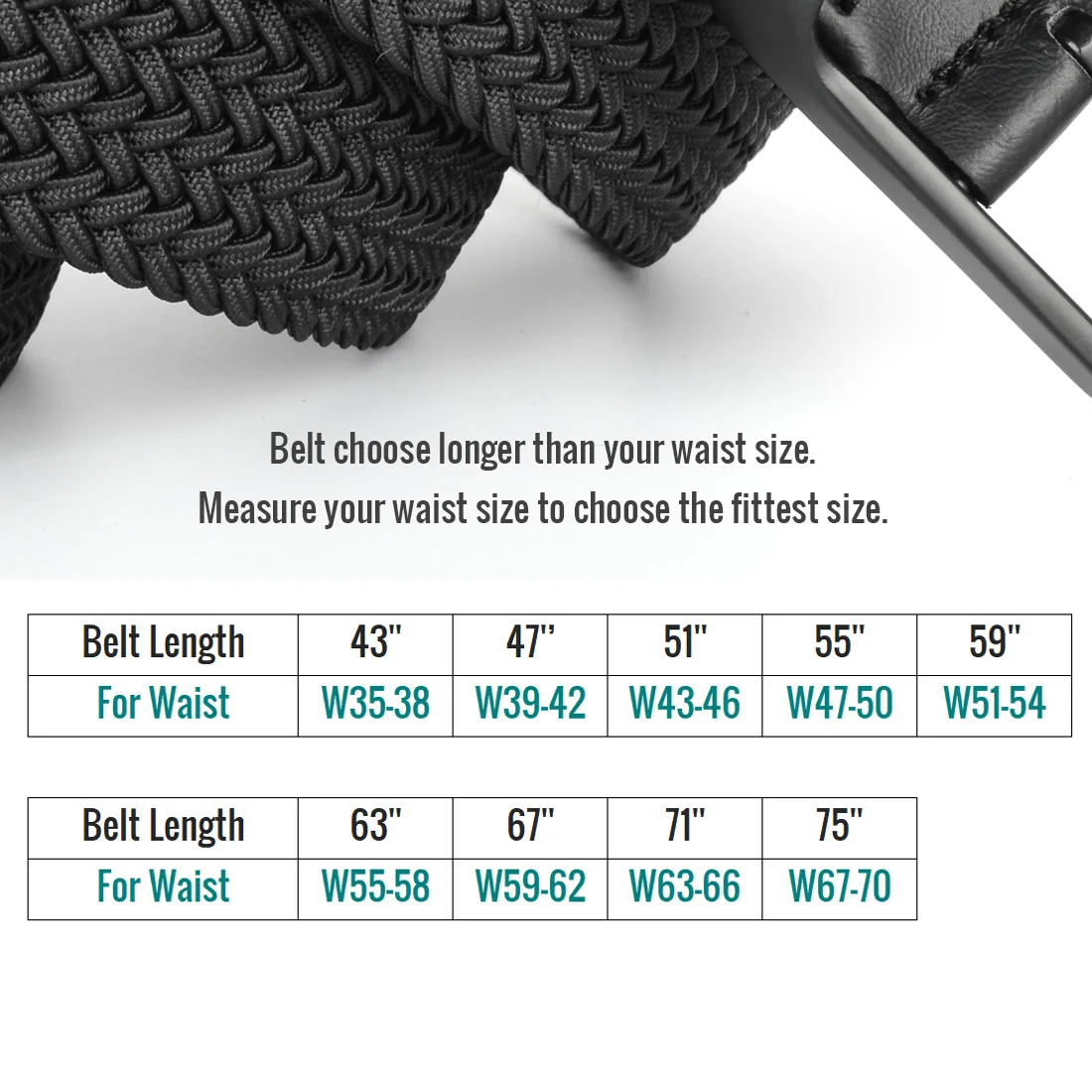 

2021 Drizzte Plus Size 100-190cm 190cm Long Black Braid Elastic Stretch Belt Mens Metal Buckle for Big and Tall Man