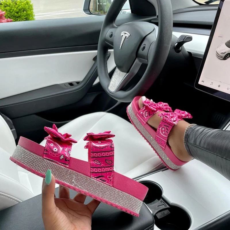 

Summer Bow Sandals Fashion Rhinestone Handmade Women's Shoes Open Toe Outdoor Casual Slippers Plus Size 43