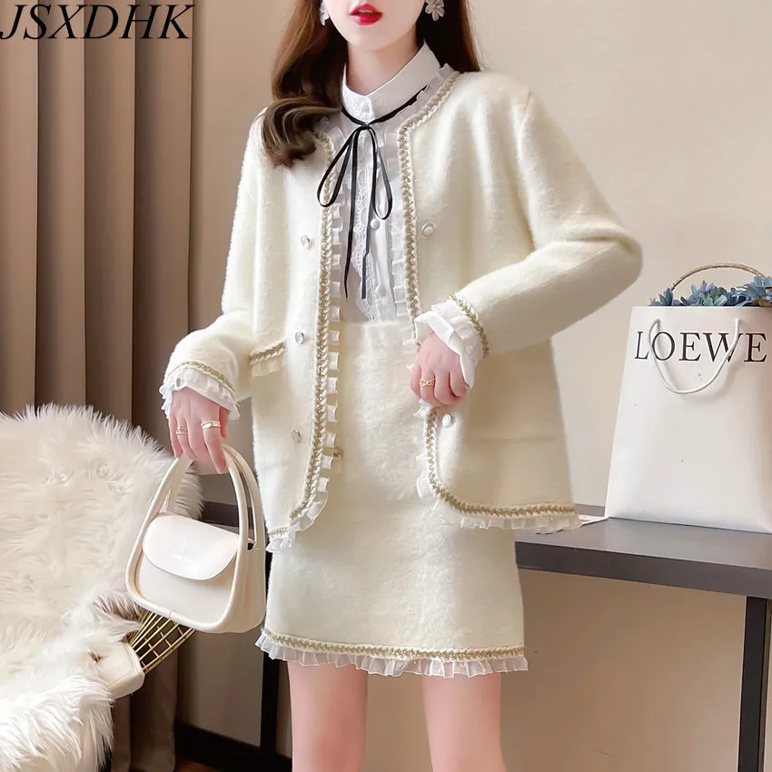 

Autumn Winter Jacket And Skirt Two Piece Set Fashion Women Faux Mink Fleece Ruffles White Coat + High Waist Tassel Skirt Suits