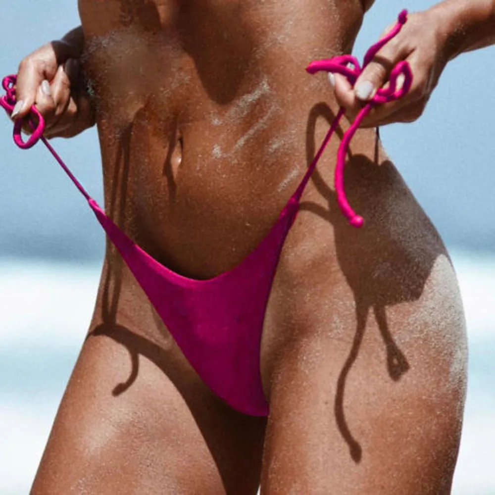 Women Plus Size Bandage Swimwear Trunks High Cut Brazilian Cheeky Bikini Bottom Side Tie Thong Bathing Pure color elegant | Спорт и