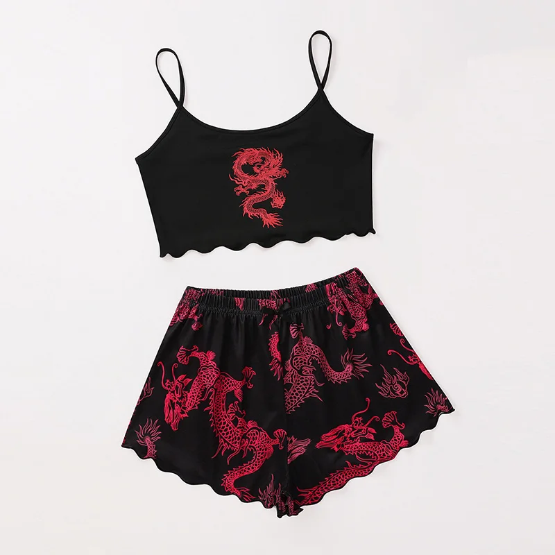 

2021 Casual Chinese Dragon Printed Camis Crop Tops Shorts Two Pieces Women Sets Pajama Sets Sleepwear Women Dropshipping