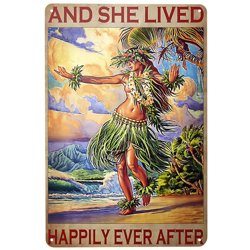 

Hula and she Happily printed Metal Signs Retro Tin Signs Funny Poster Decor for Bar Pub Club Decoration for Living Room Home
