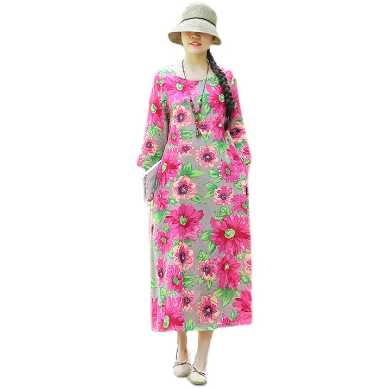 Женское длинное свободное платье винтажное хлопково-льняное в этническом стиле