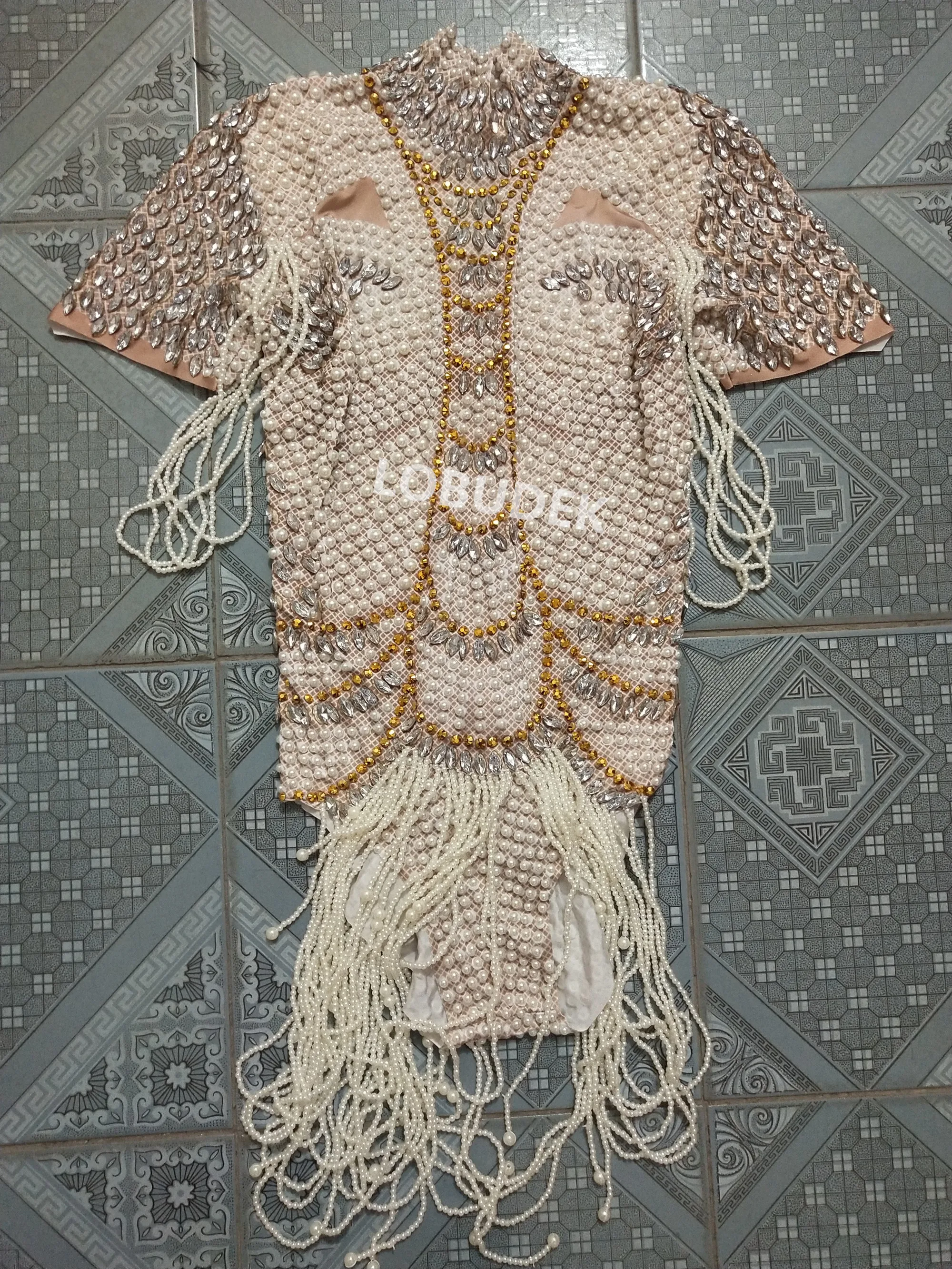 

2020 New Gray Pearl Beads Fringe Bodysuit Women Singer Nightclub Concert Rhinestones Stretch Leotard Stage Wear Dance Costume