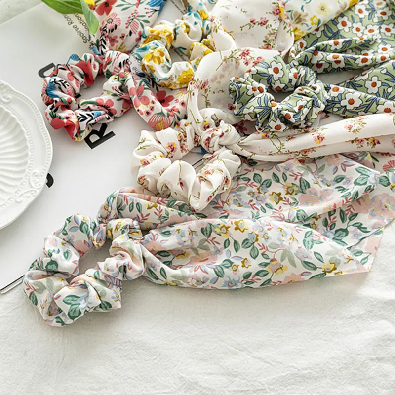 

Fashion Floral Print Scrunchies Solid Color Hair ribbon For Women Ponytail scarf Satin Silk Elastic Hair Bands Hair Accessories