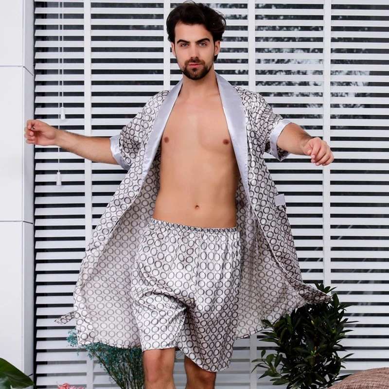 New 5XL Two-Piece Suit Mens Bathrobe Section Silk Robes Home For Male Robe Pajama Soft Cozy Thin Long sleeved Bath Gown