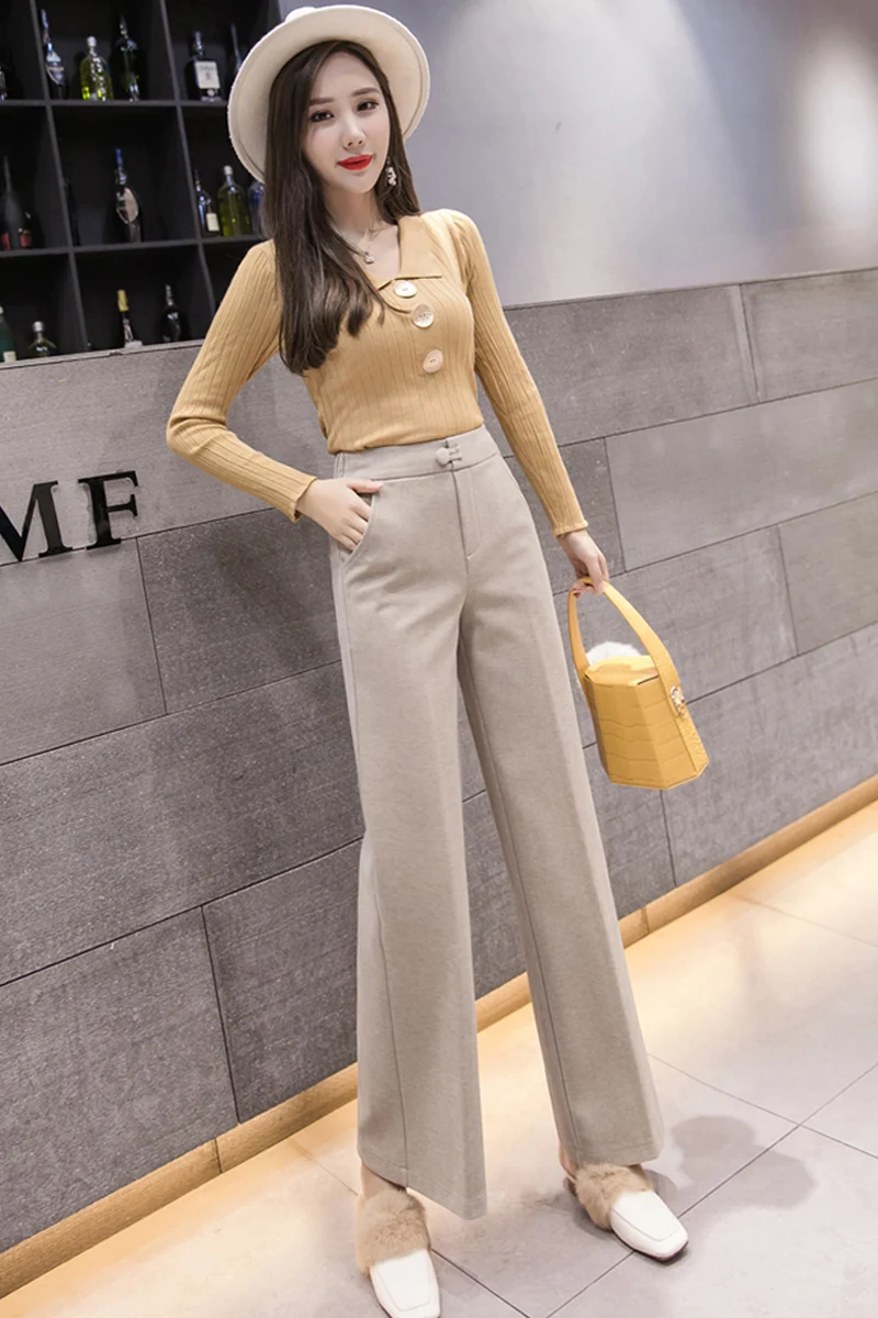 

Women's Beige Woolen Pants Women's Winter New Wide Leg Pants Falling High Waist Nine Straight Straight Women's Wide Leg Pants