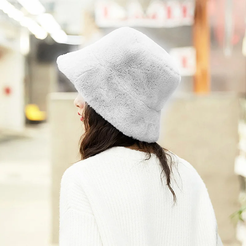 Faux Fur Winter Bucket Hat For Women Girl Fashion Solid Thickened Soft Warm Fishing Cap Outdoor Lady Plush Fluffy Panama Caps