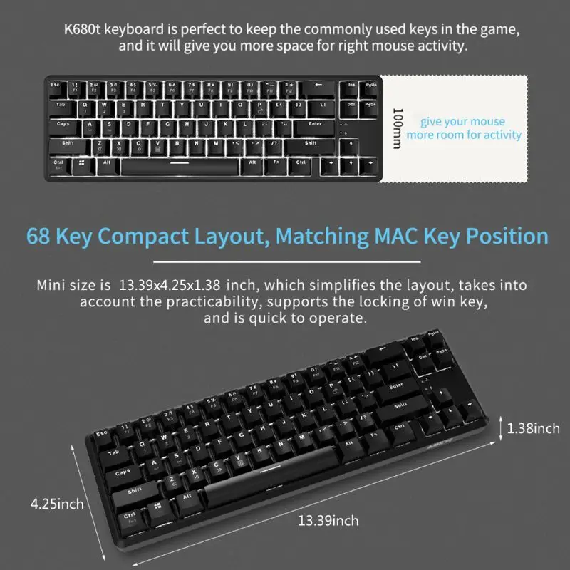 

Wired Bluetooth 68 Keys with Anti-ghosting Design Mechanical Keyboard for Ajazz K680t Different Backlight Modes