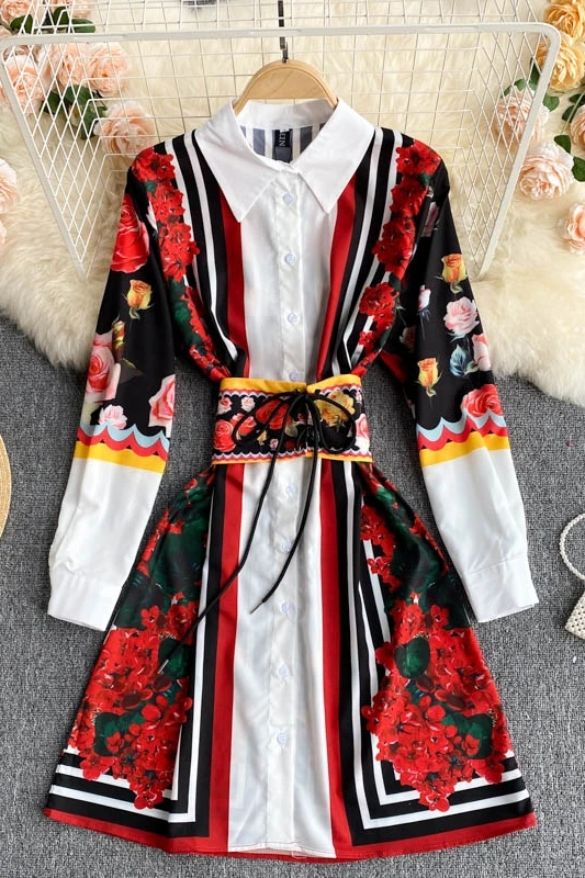 

High Quality 2021 Spring/Autumn New Fashion Women Elegant Turn-down Collar Long Sleeve Print A-LINE Dress J338