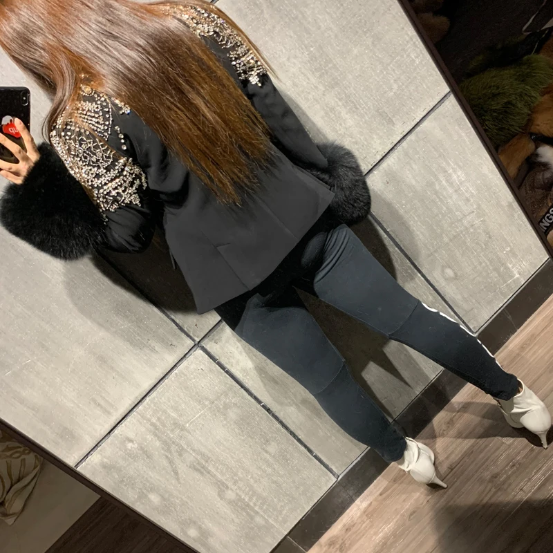 

fox blazer ladies fashion fur sleeve and stone decorate