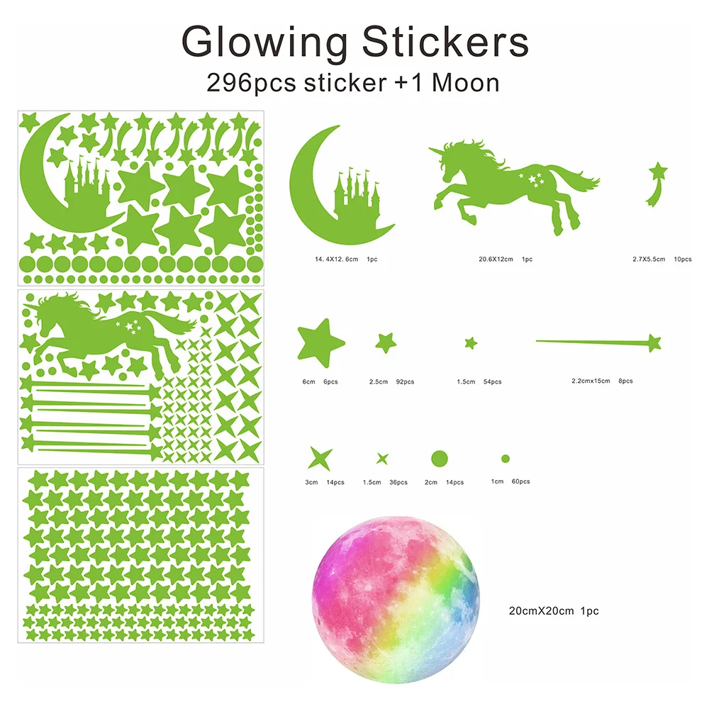 

Room Decoration Cartoon Wall Stickers 20cm Rainbow Luminous Moon Moon Castle Unicorn Star Meteor Fluorescent Sticker PVC