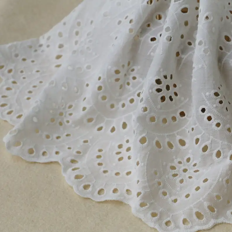 

Cotton Lace Fabric Off White Eyelet Scalloped Borders 49" Width 1 Yard