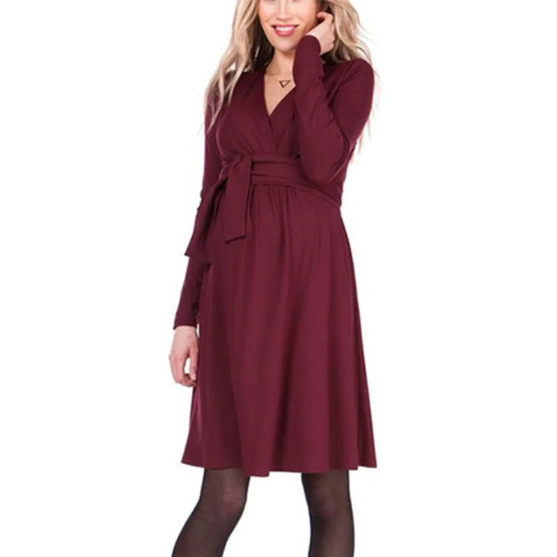 Hot Sale Autumn Creative Maternity Dress Breastfeeding Dress Fashion Long Sleeve Long Sashes Cross V-neck Nursing Dress