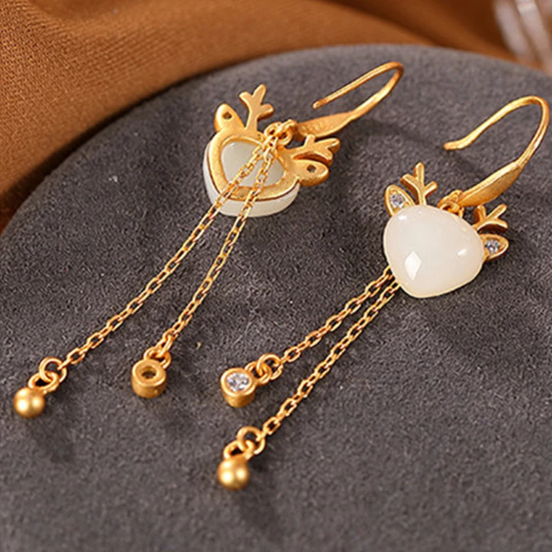 

GAGAFEEL 925 Sterling Silver Gold-Plated Hetian Jade Earrings Tassel Long Antlers Ear Hook Earrings Fashion Party Jewelry